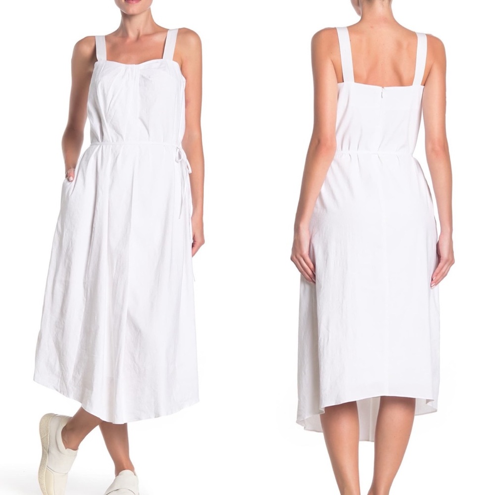 Vince Draped Sleeveless Linen Blend Midi Dress Large Optic White New